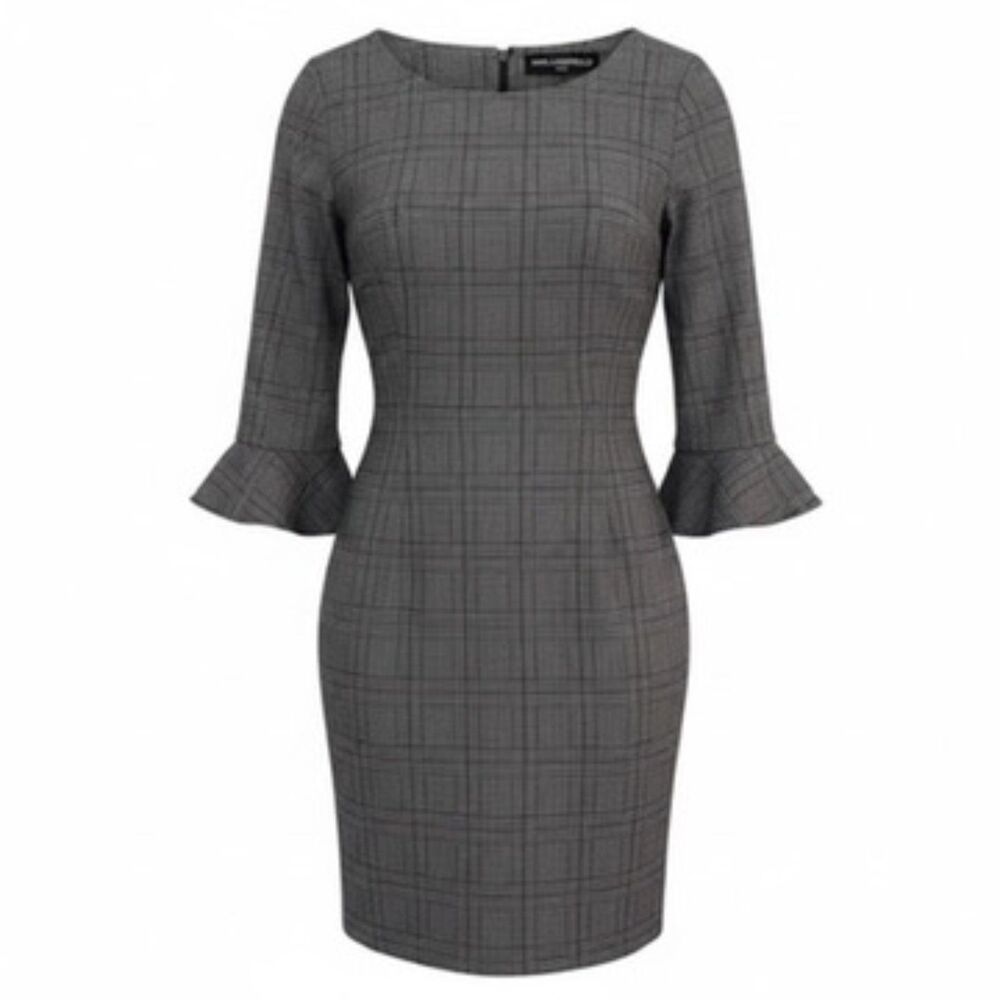 Karl Lagerfeld Sz 8 Plaid Ponte Knit Bell Ruffle Sleeve Sheath Dress Career